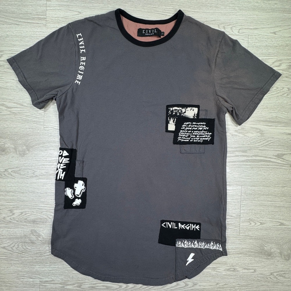 Civil Regime Men's T-Shirt Patchwork Graphic Punk Rock Grey Large Short Sleeve